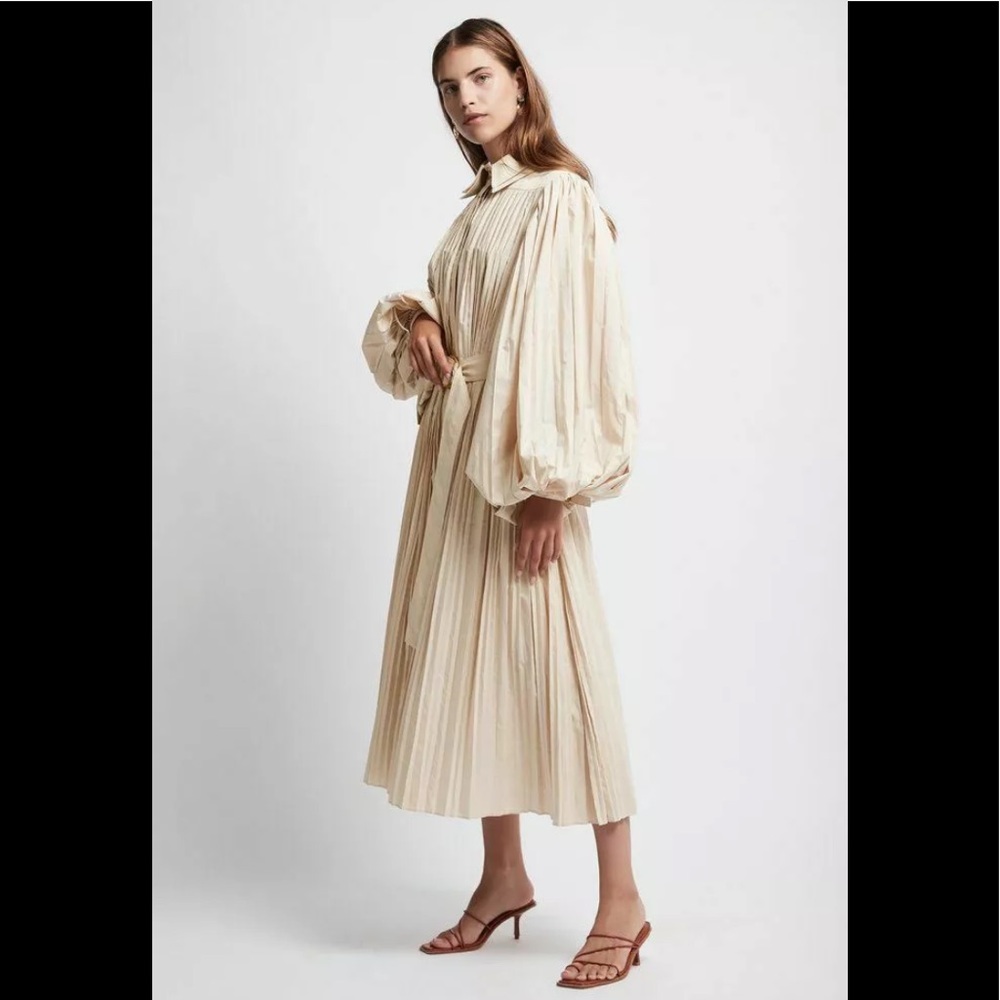 Aje Prima Cream Pleated Midi Shirt Dress w/ Belt